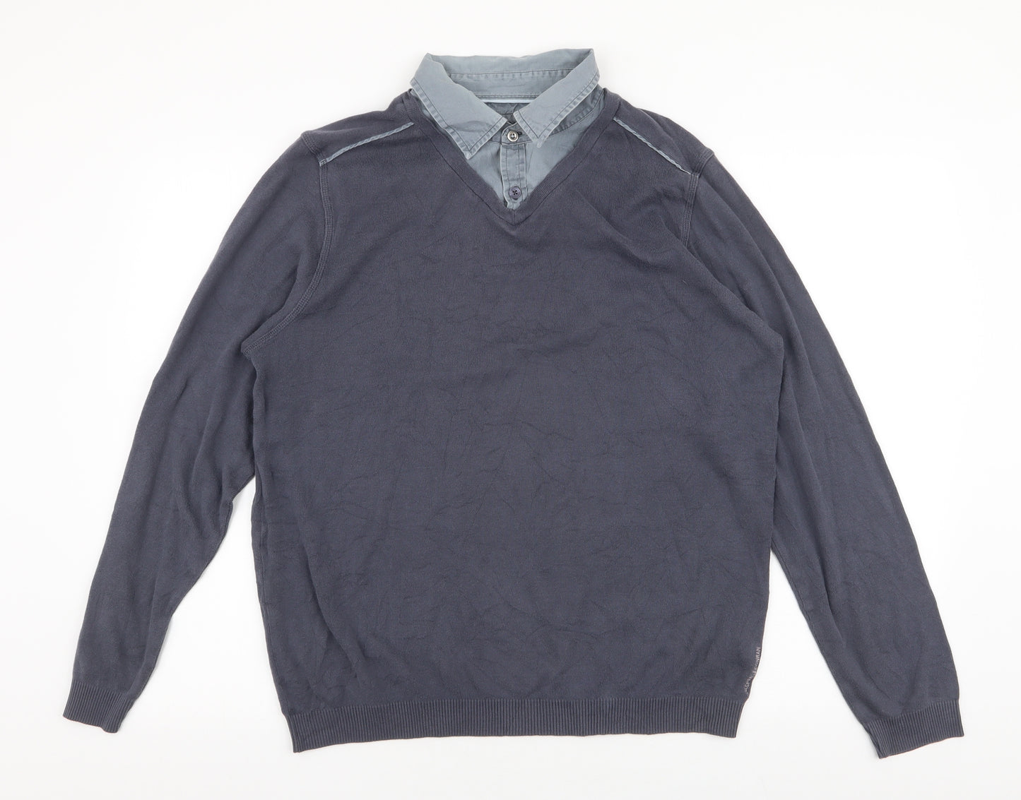 Jasper Conran Mens Blue Collared  Cotton Pullover Jumper Size L
