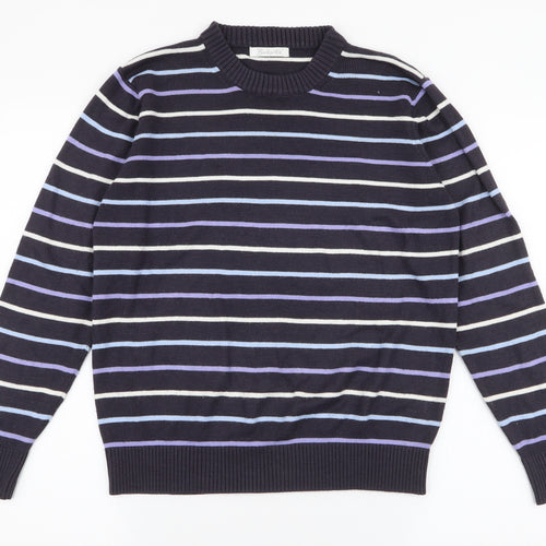 Berkertex Womens Blue Round Neck Striped Acrylic Pullover Jumper Size 10