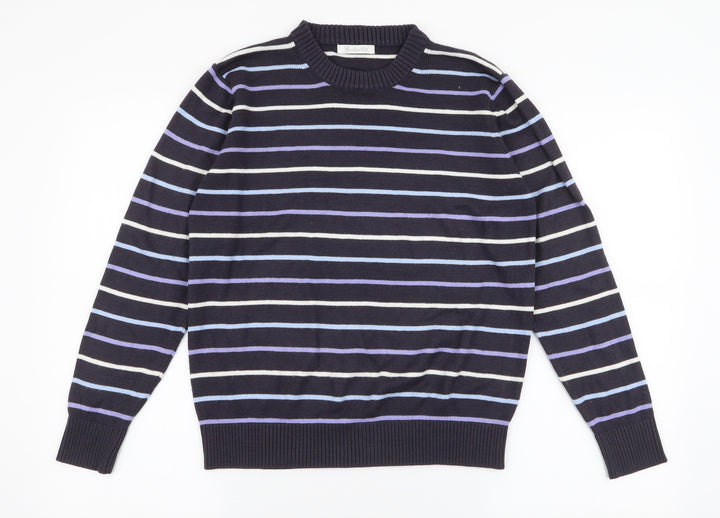 Berkertex Womens Blue Round Neck Striped Acrylic Pullover Jumper Size 10