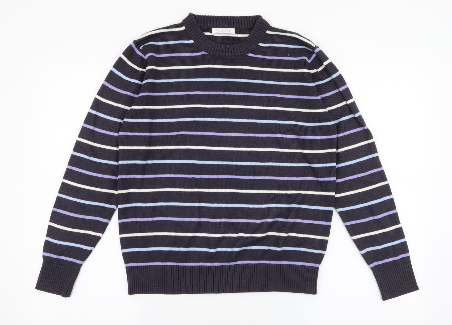 Berkertex Womens Blue Round Neck Striped Acrylic Pullover Jumper Size 10