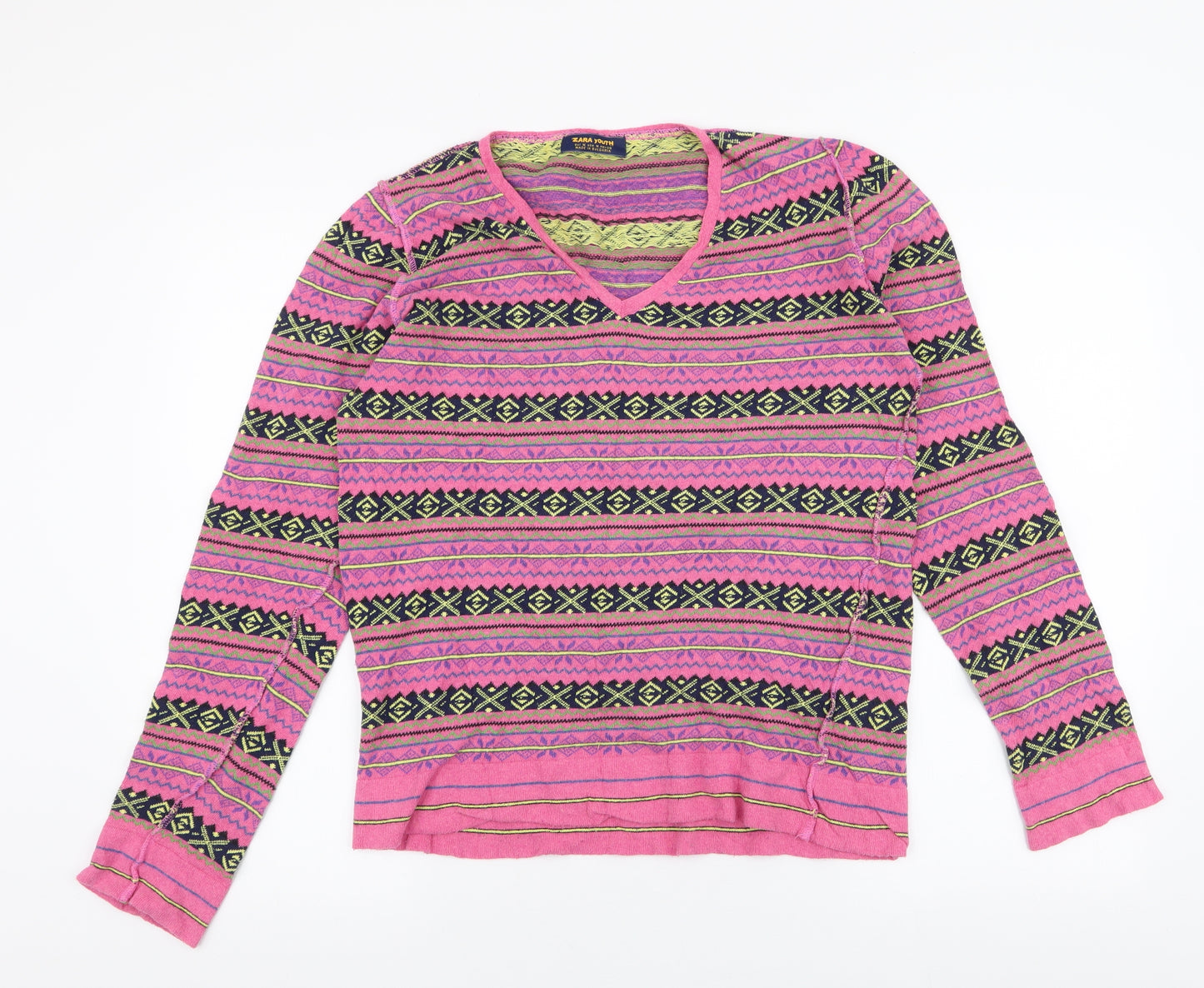 Zara Womens Multicoloured V-Neck Fair Isle Cotton Pullover Jumper Size M