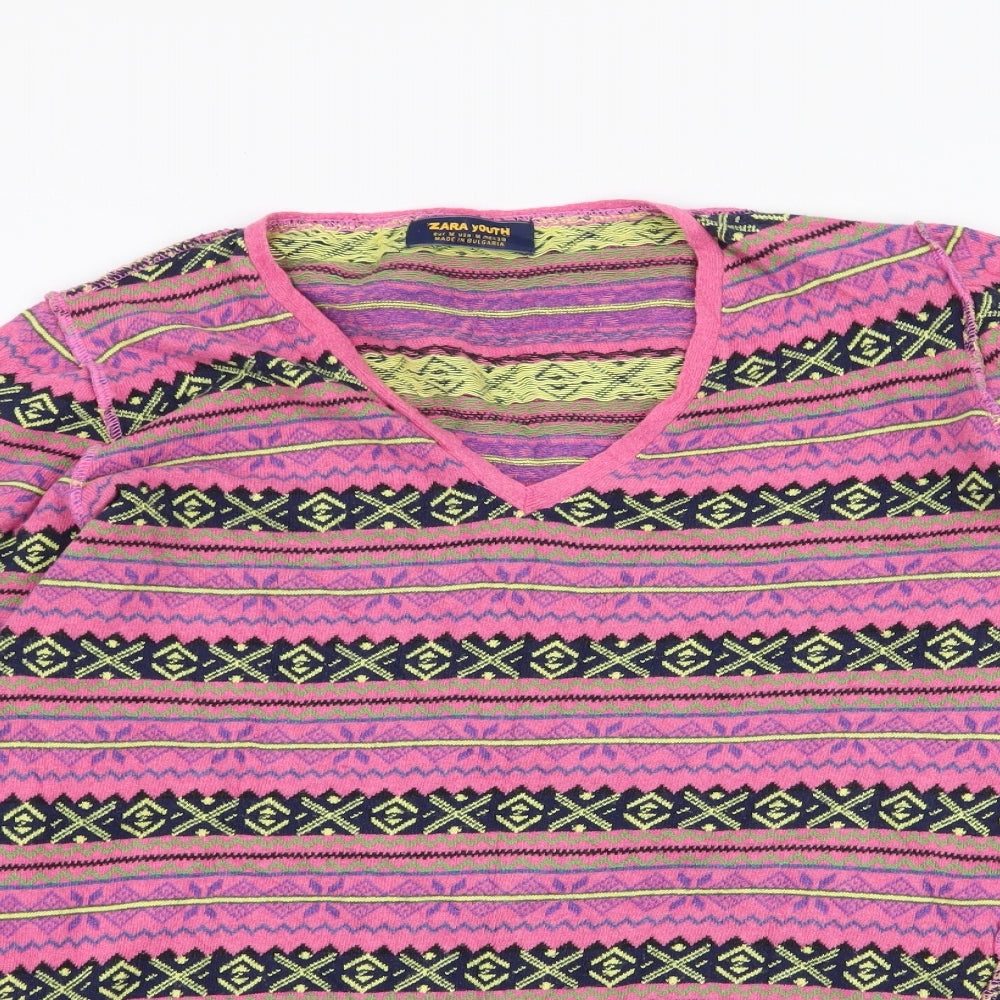 Zara Womens Multicoloured V-Neck Fair Isle Cotton Pullover Jumper Size M