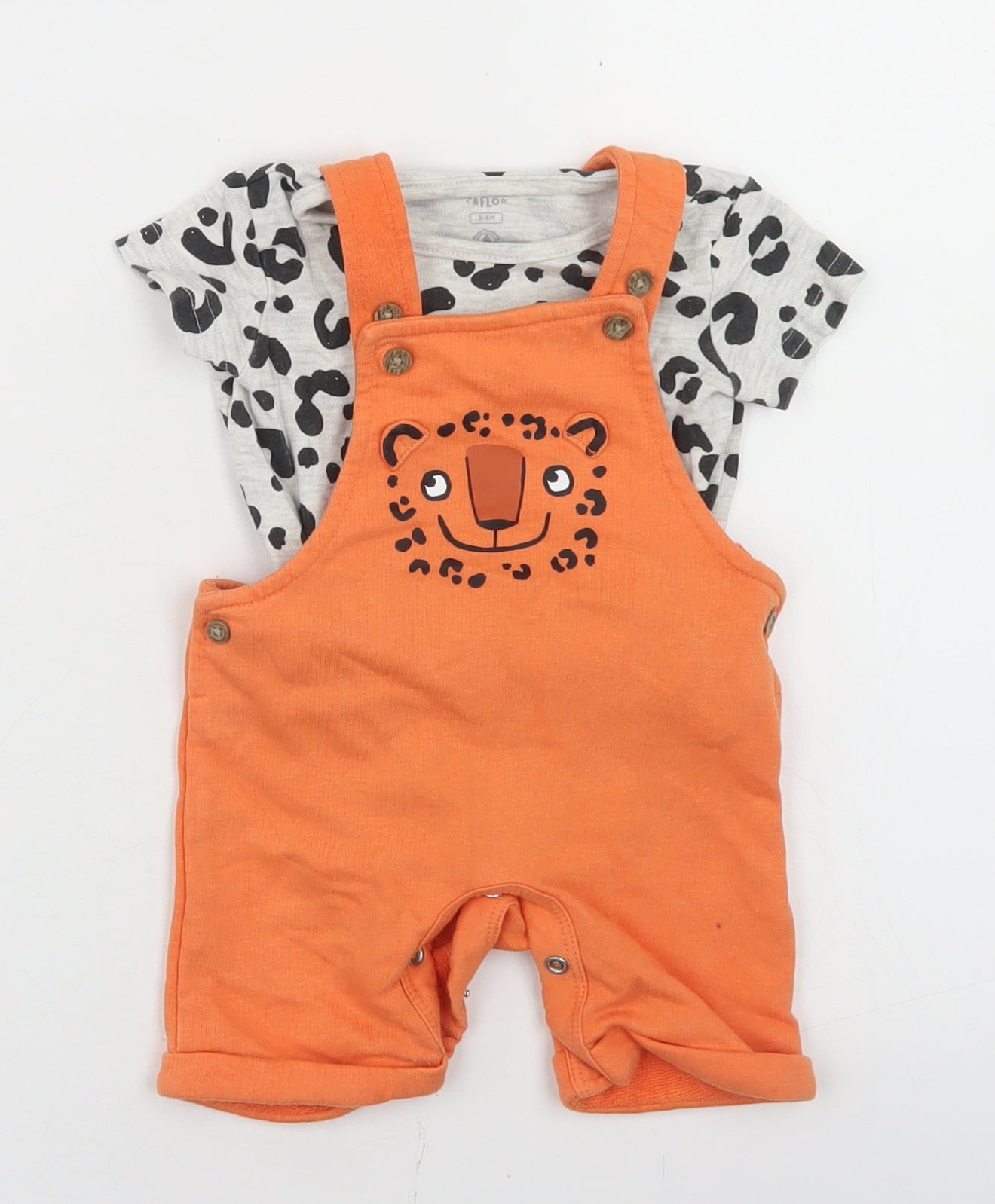 F&F Girls Orange Animal Print Cotton Dungaree Outfit/Set Size 3-6 Months  Snap - Leopard