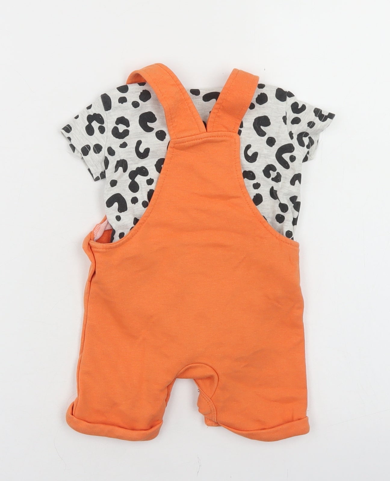F&F Girls Orange Animal Print Cotton Dungaree Outfit/Set Size 3-6 Months  Snap - Leopard