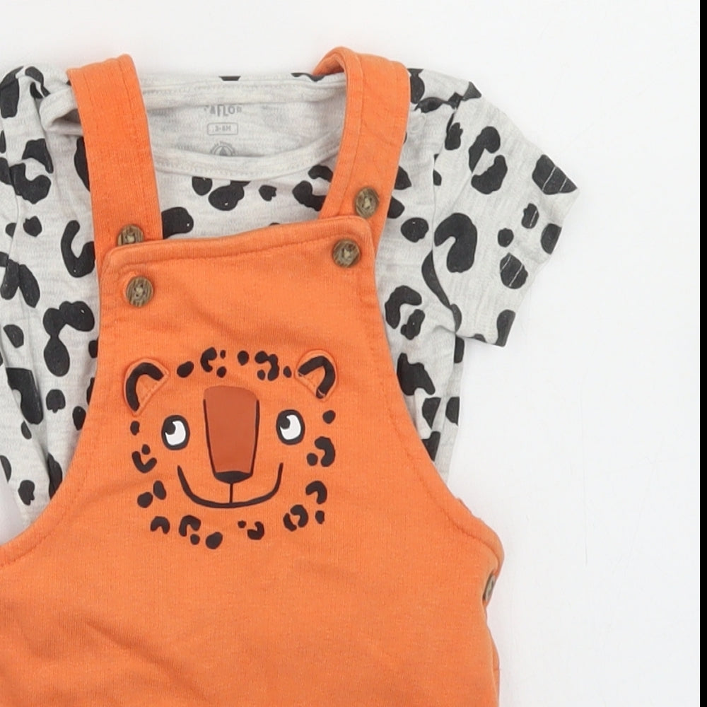 F&F Girls Orange Animal Print Cotton Dungaree Outfit/Set Size 3-6 Months  Snap - Leopard