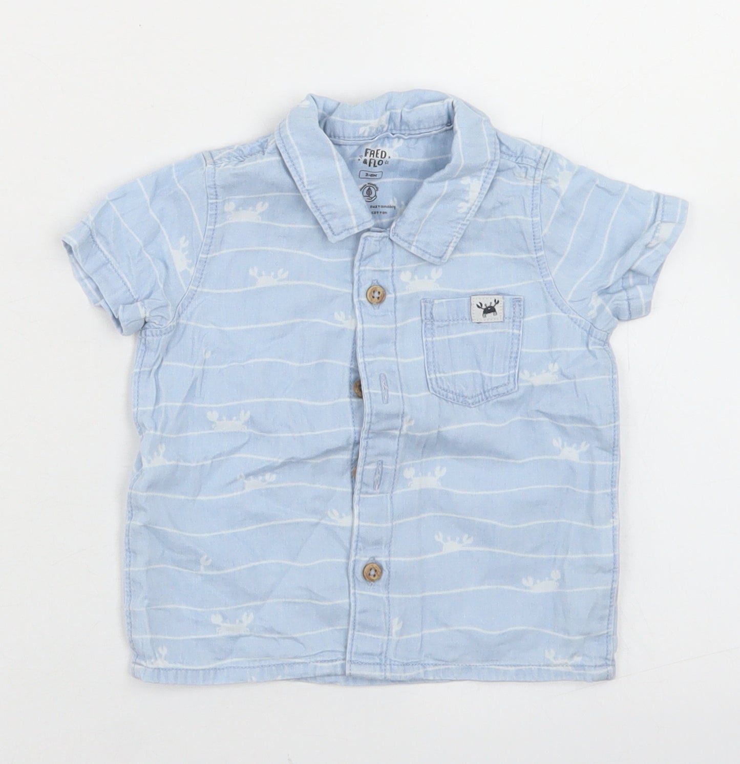 F&F Boys Blue Striped Cotton Basic Button-Up Size 3-6 Months Collared Button - Crab Print