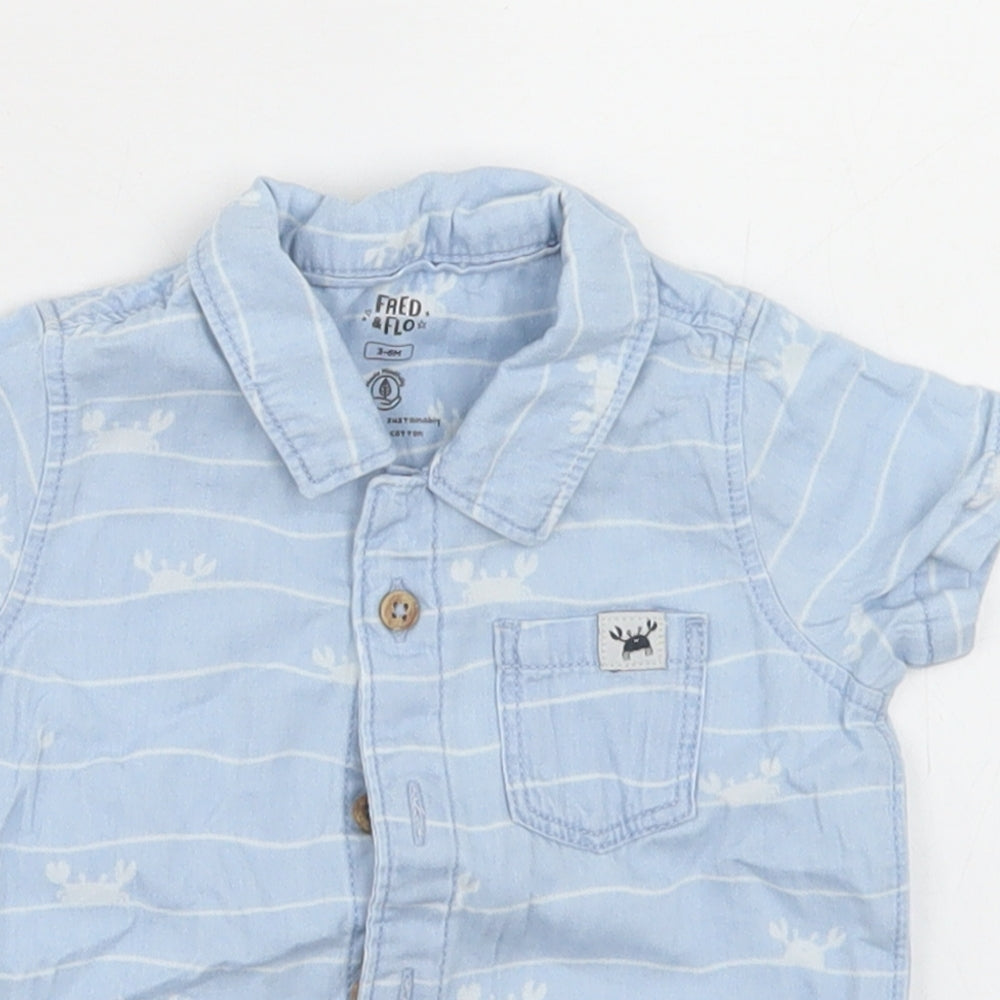 F&F Boys Blue Striped Cotton Basic Button-Up Size 3-6 Months Collared Button - Crab Print
