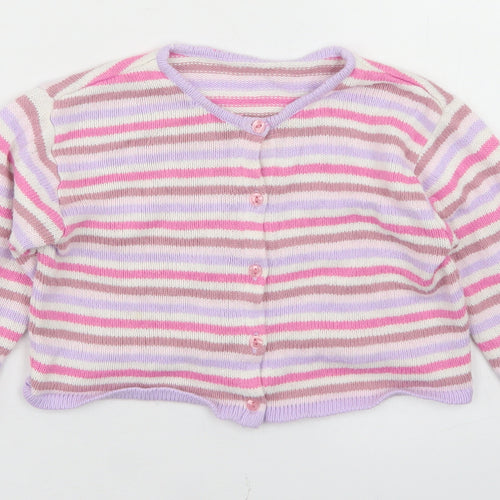 Marks and Spencer Girls Pink Striped Acrylic Cardigan Jumper Size 18-24 Months  Button