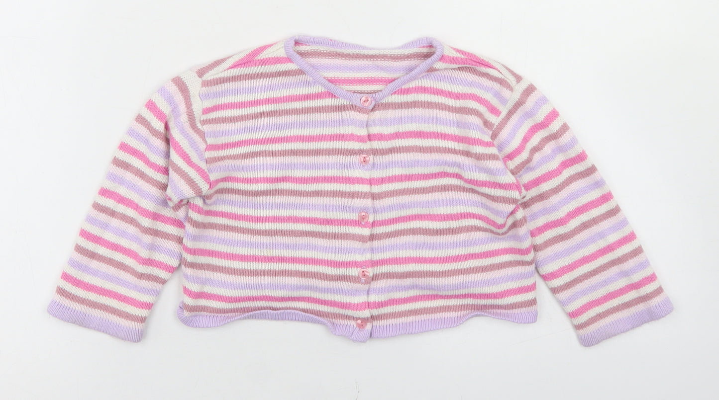 Marks and Spencer Girls Pink Striped Acrylic Cardigan Jumper Size 18-24 Months  Button