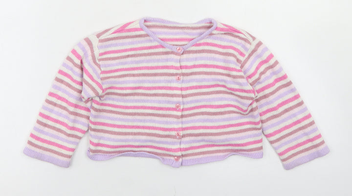 Marks and Spencer Girls Pink Striped Acrylic Cardigan Jumper Size 18-24 Months  Button