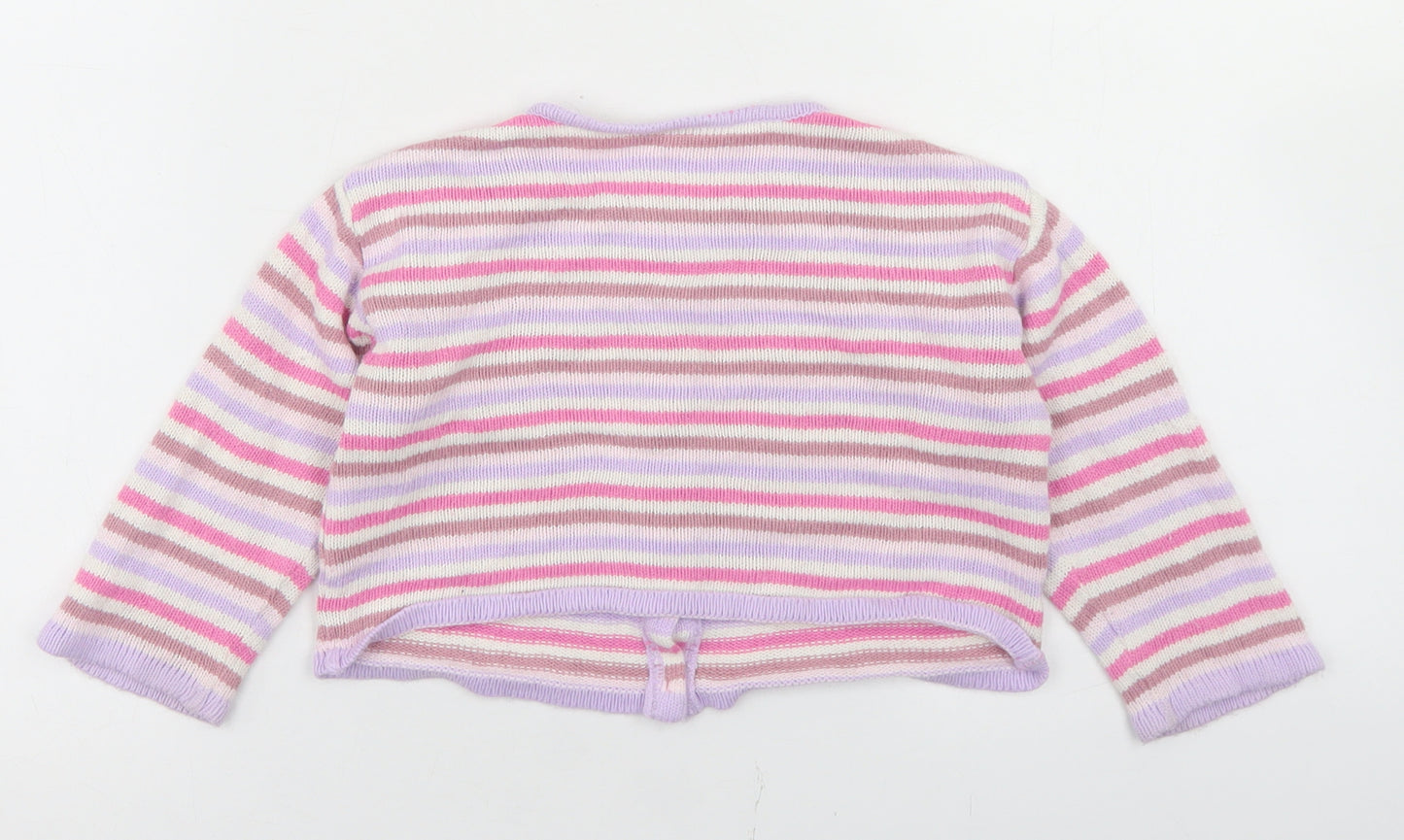 Marks and Spencer Girls Pink Striped Acrylic Cardigan Jumper Size 18-24 Months  Button