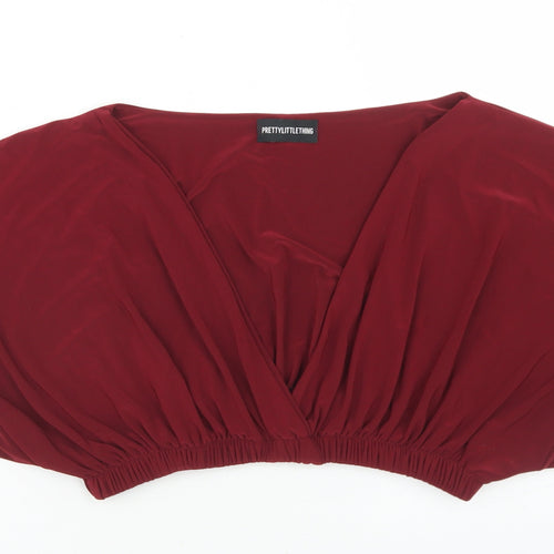 PRETTYLITTLETHING Womens Red  Polyester Cropped Blouse Size 10 V-Neck