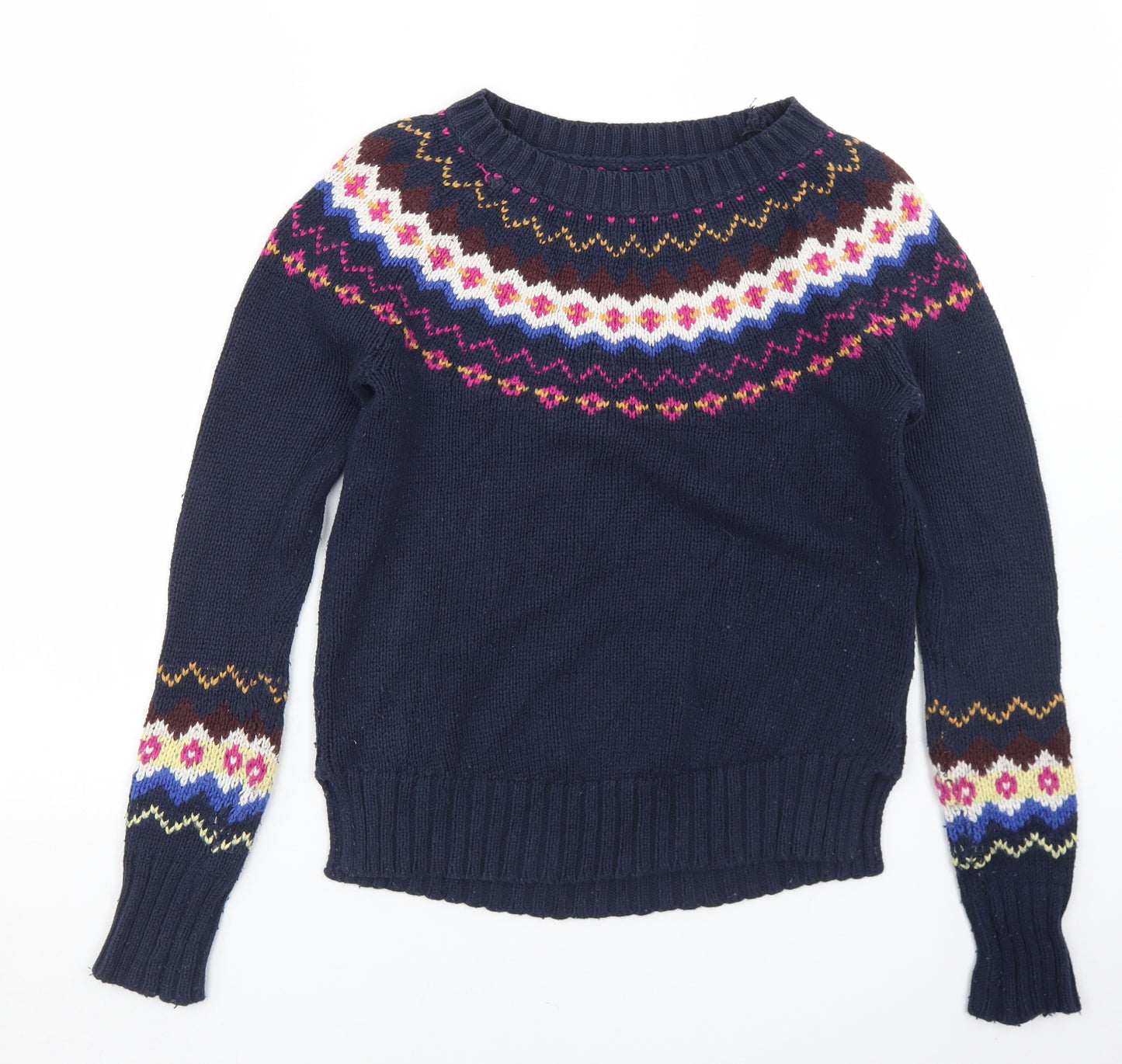 H&M Womens Blue Round Neck Fair Isle Cotton Pullover Jumper Size S