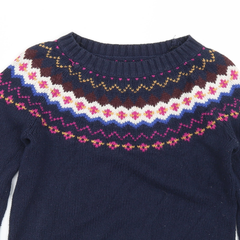 H&M Womens Blue Round Neck Fair Isle Cotton Pullover Jumper Size S