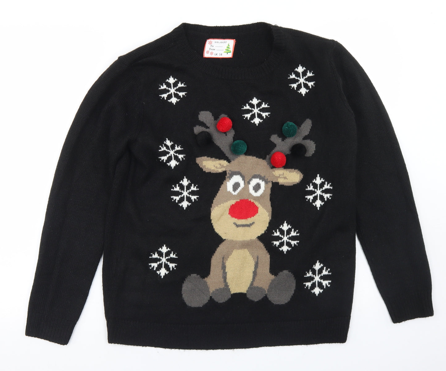 Select Womens Black Crew Neck  Acrylic Pullover Jumper Size 14   - Christmas Reindeer