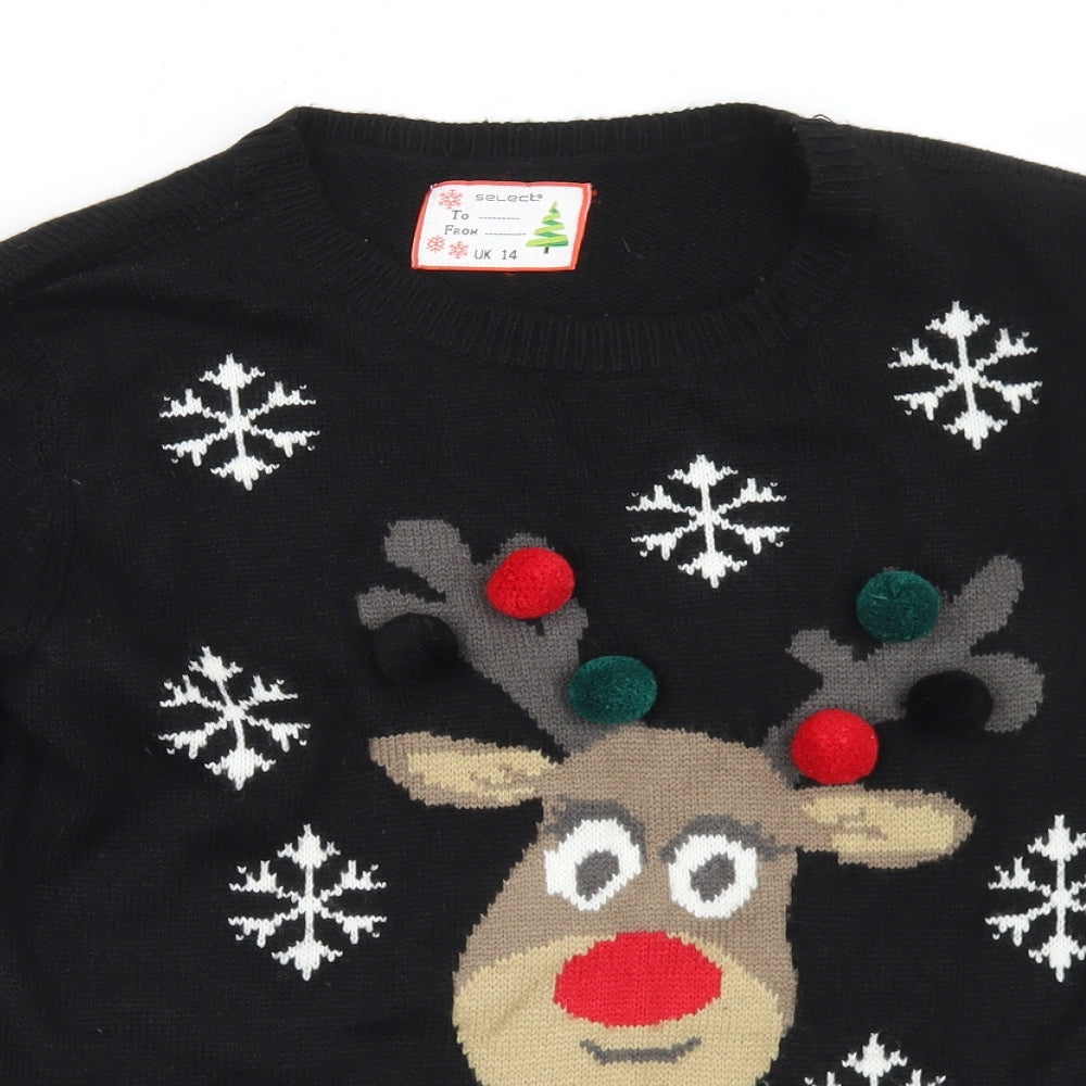 Select Womens Black Crew Neck  Acrylic Pullover Jumper Size 14   - Christmas Reindeer