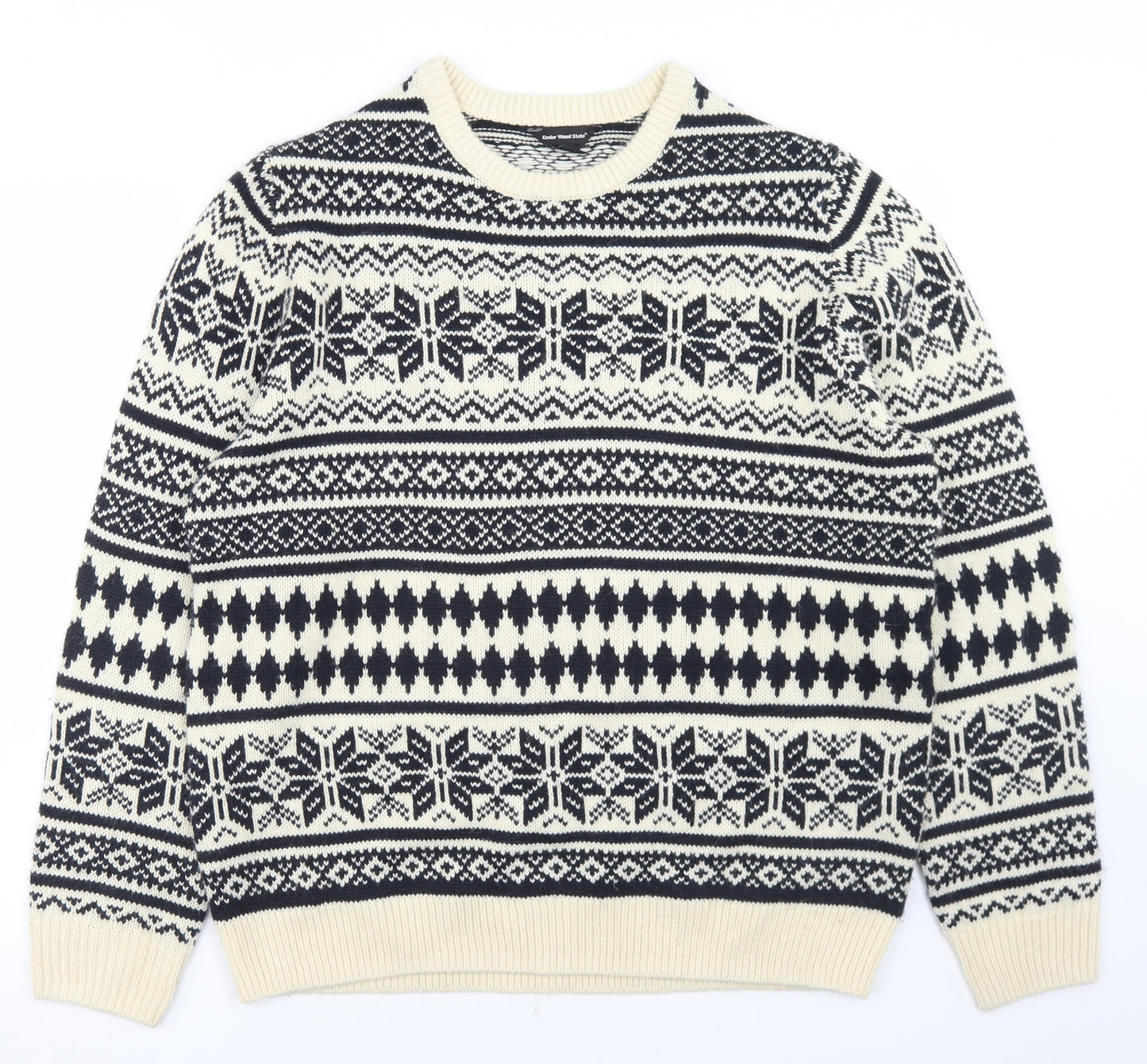 Cedar Wood State Mens Ivory Crew Neck Fair Isle Acrylic Pullover Jumper Size XL