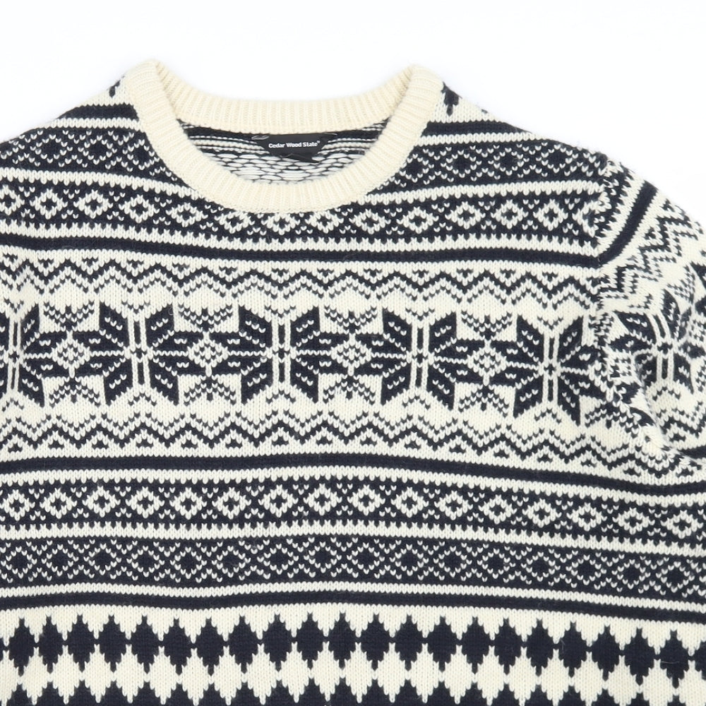 Cedar Wood State Mens Ivory Crew Neck Fair Isle Acrylic Pullover Jumper Size XL