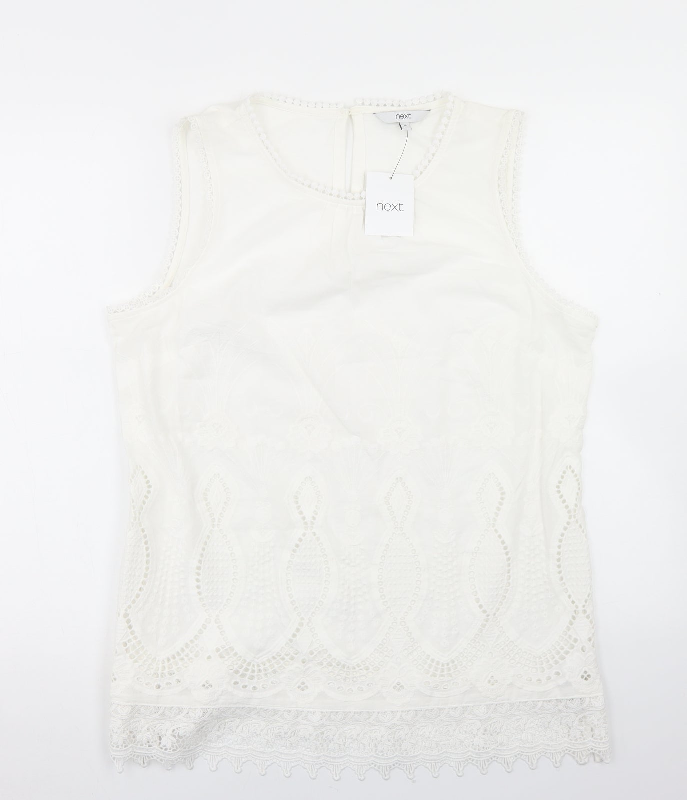 NEXT Womens White  Cotton Basic Blouse Size 16 Round Neck - Lace Trim