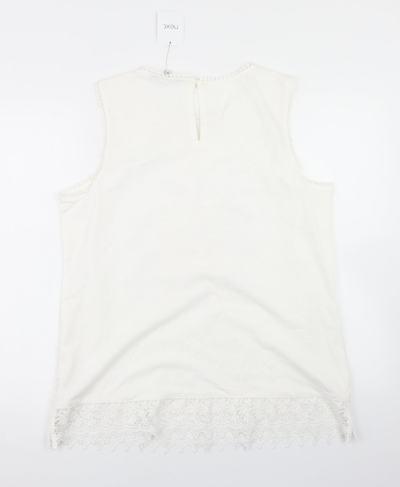 NEXT Womens White  Cotton Basic Blouse Size 16 Round Neck - Lace Trim