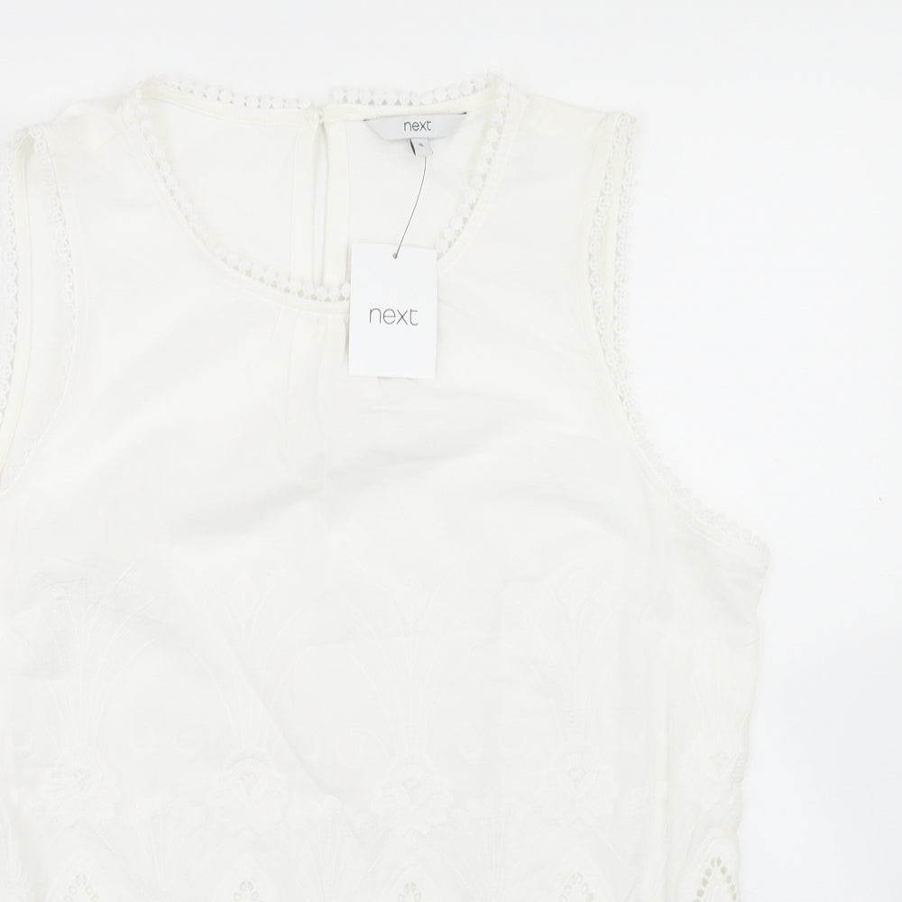 NEXT Womens White  Cotton Basic Blouse Size 16 Round Neck - Lace Trim