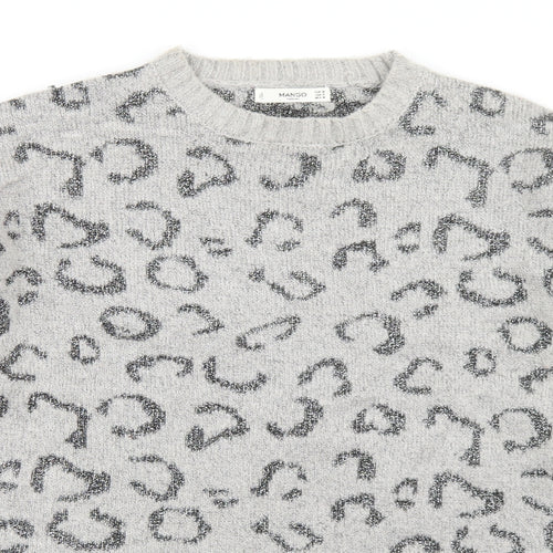 Mango Womens Grey Crew Neck Animal Print Acrylic Pullover Jumper Size M