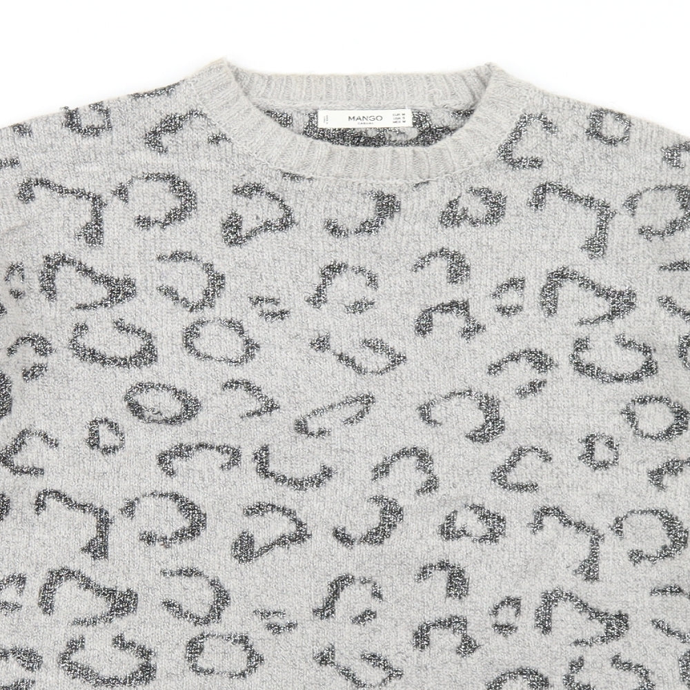 Mango Womens Grey Crew Neck Animal Print Acrylic Pullover Jumper Size M