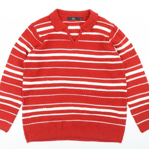 Isle Essentials  Womens Red Collared Striped Acrylic Pullover Jumper Size L