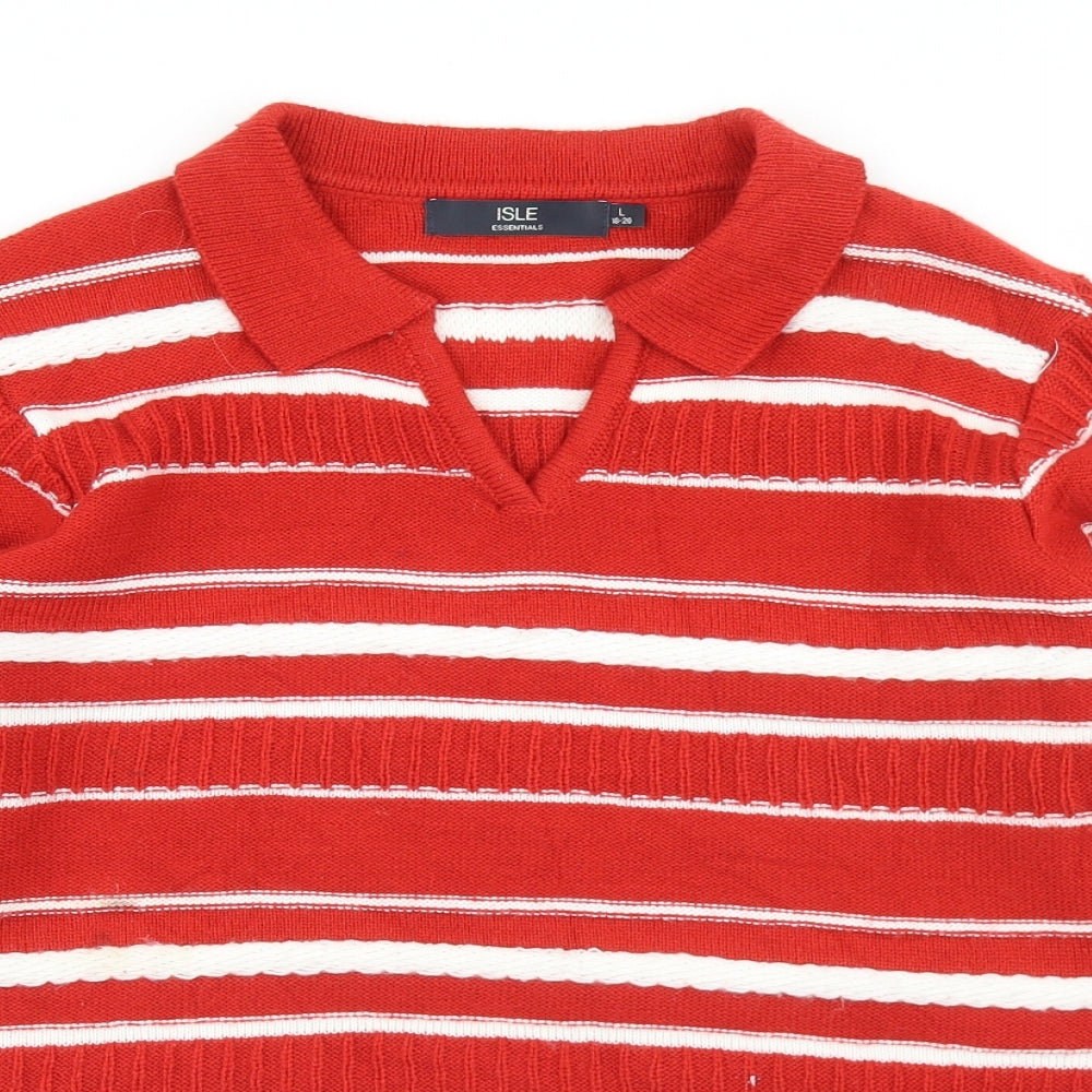 Isle Essentials  Womens Red Collared Striped Acrylic Pullover Jumper Size L