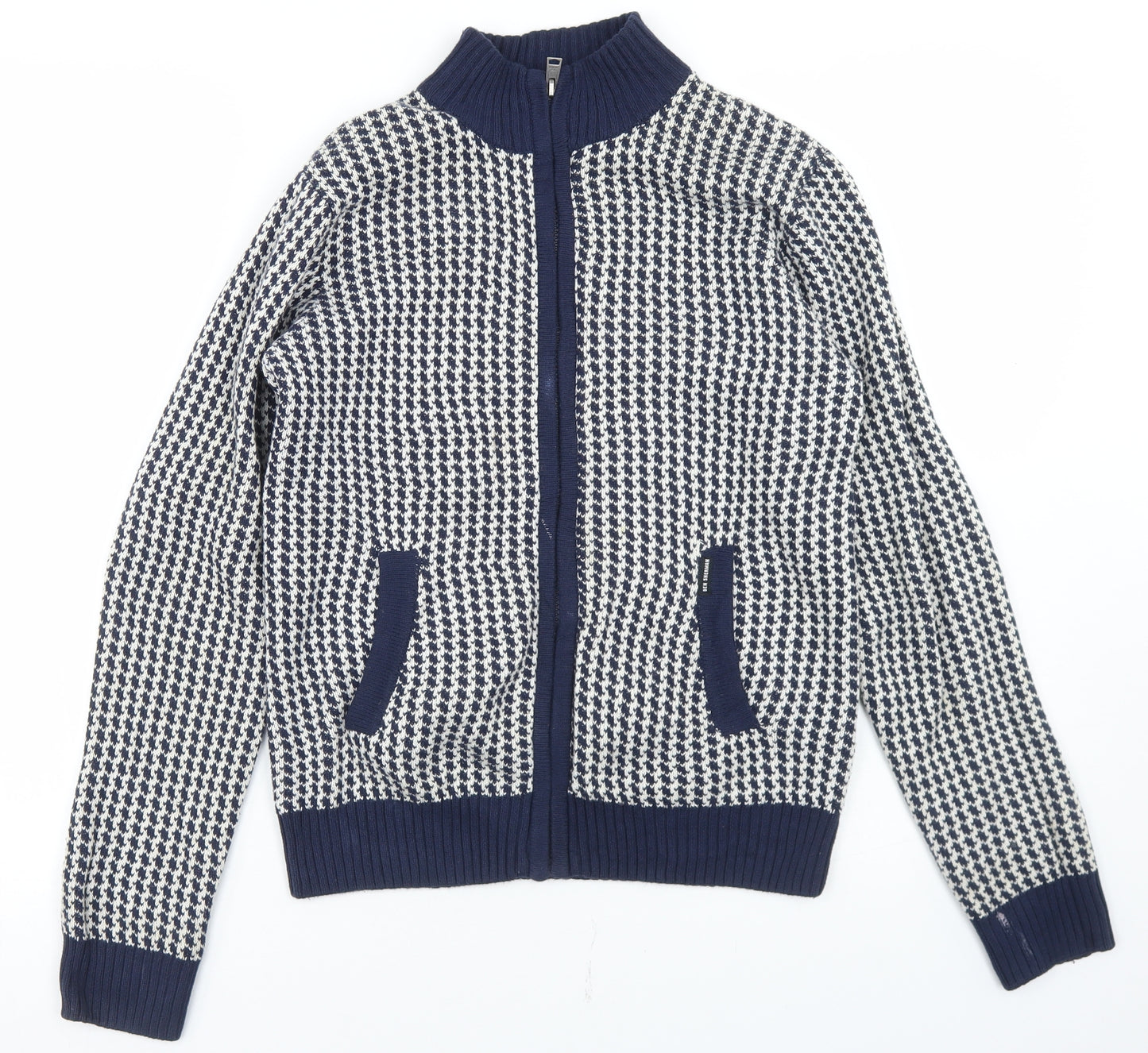 Ben Sherman Boys Blue Mock Neck Houndstooth Cotton Cardigan Jumper Size 12-13 Years  Zip