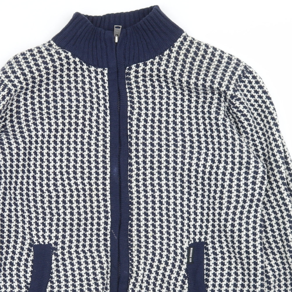 Ben Sherman Boys Blue Mock Neck Houndstooth Cotton Cardigan Jumper Size 12-13 Years  Zip