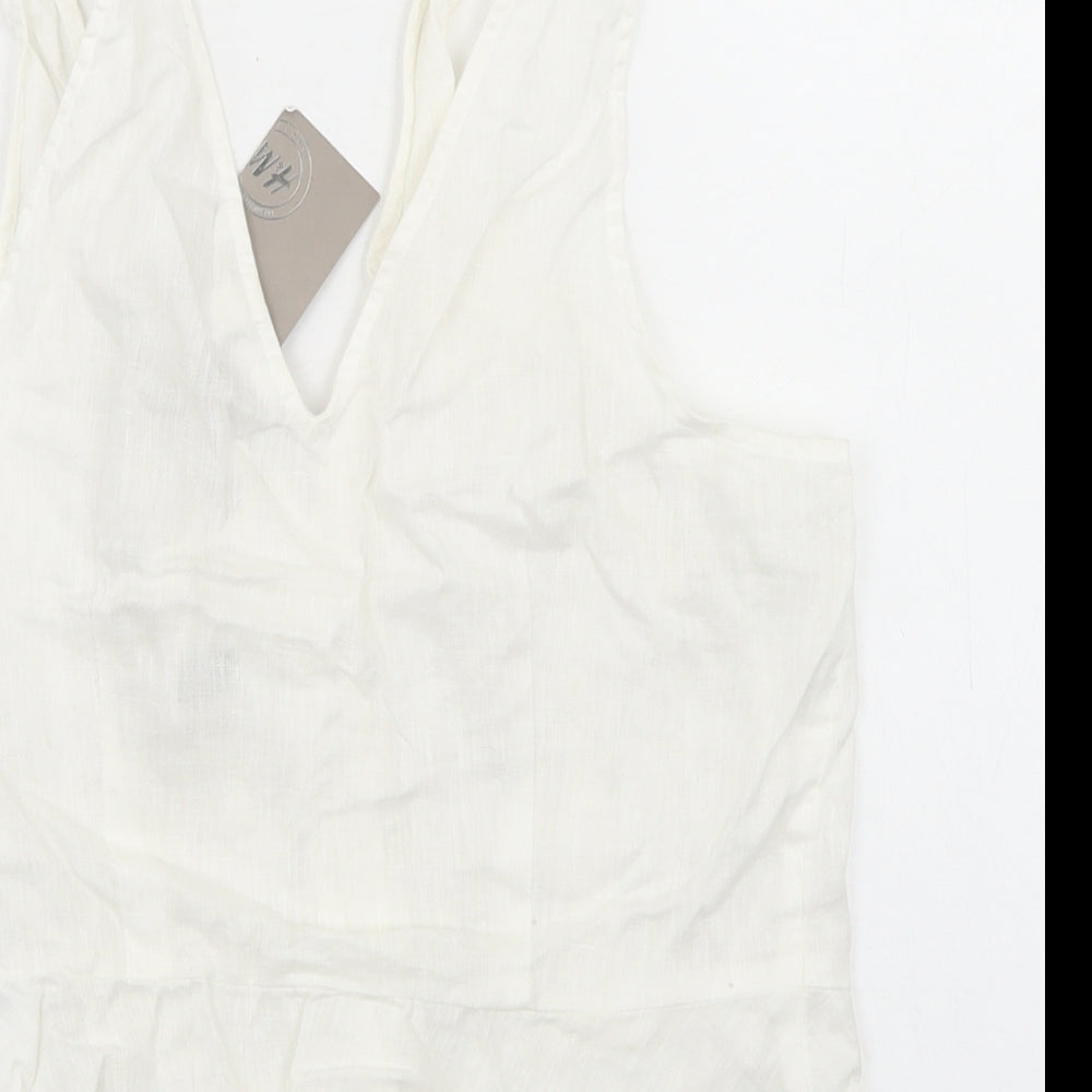 H&M Womens White  Linen Basic Blouse Size 10 V-Neck