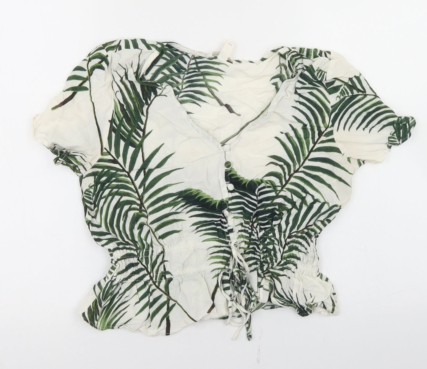 H&M Womens Ivory Floral Viscose Cropped Blouse Size 10 V-Neck