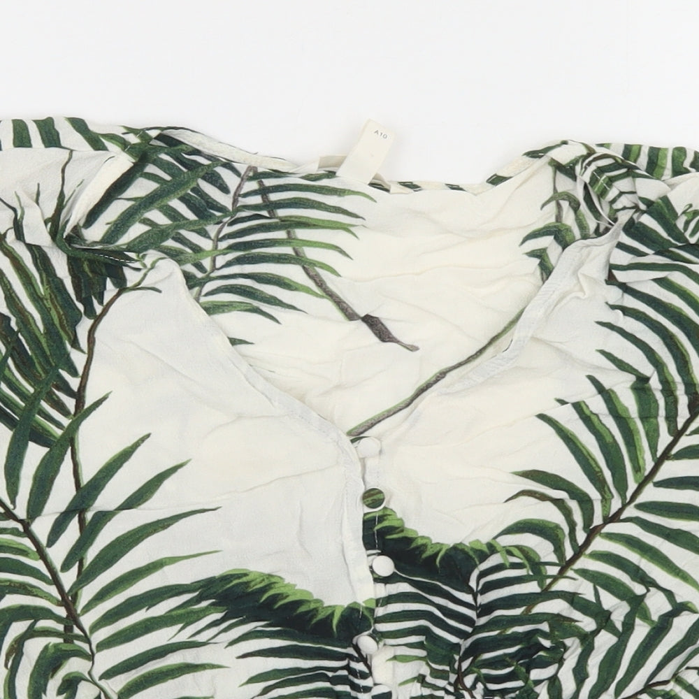 H&M Womens Ivory Floral Viscose Cropped Blouse Size 10 V-Neck