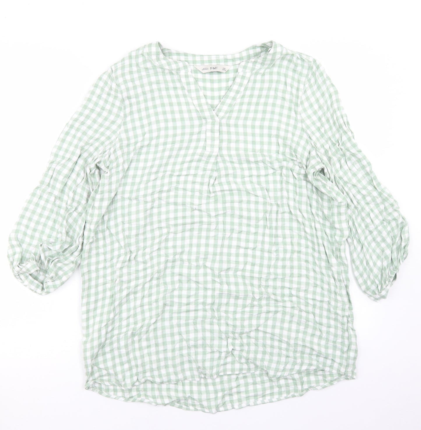 F&F Womens Green Check Viscose Basic Blouse Size 12 Round Neck