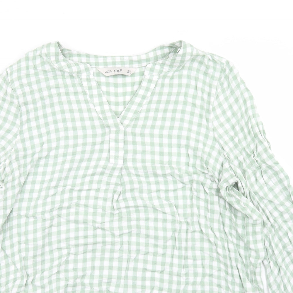 F&F Womens Green Check Viscose Basic Blouse Size 12 Round Neck
