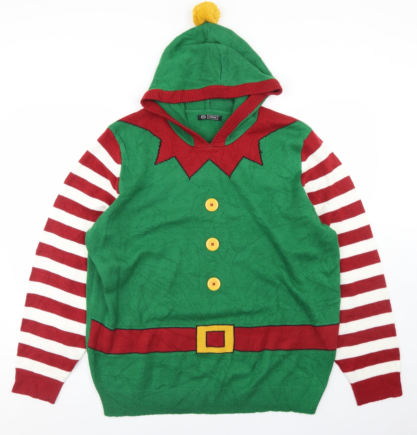 Avenue Mens Green  Acrylic Pullover Hoodie Size 2XL   - Elf Christmas Jumper