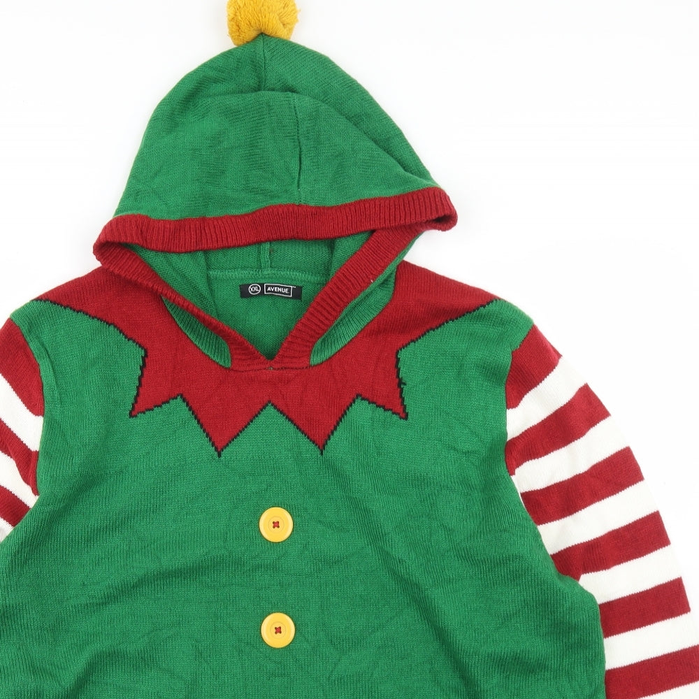 Avenue Mens Green  Acrylic Pullover Hoodie Size 2XL   - Elf Christmas Jumper