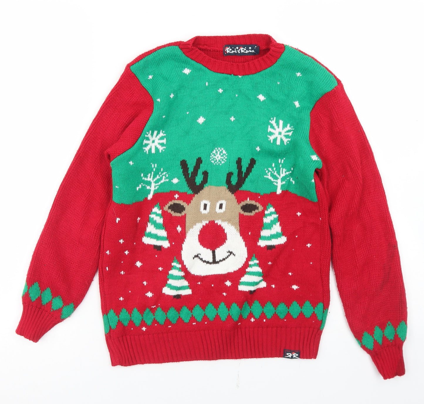 Rock & Revival Boys Red Crew Neck  Acrylic Pullover Jumper Size 9-10 Years   - Christmas Reindeer