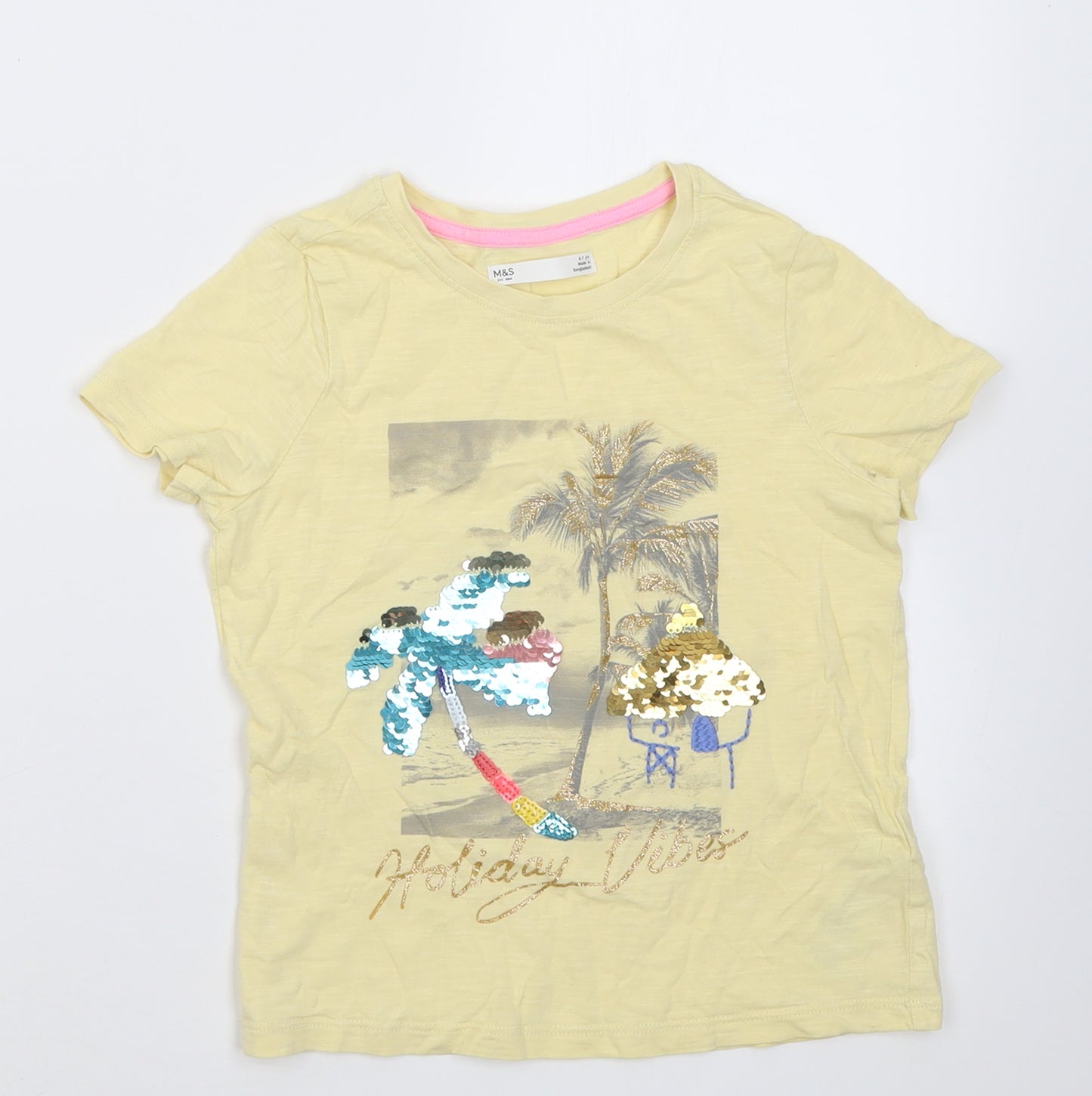 Marks and Spencer Girls Yellow  Cotton Basic T-Shirt Size 6-7 Years Crew Neck Pullover