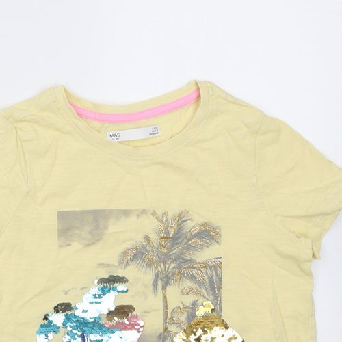 Marks and Spencer Girls Yellow  Cotton Basic T-Shirt Size 6-7 Years Crew Neck Pullover
