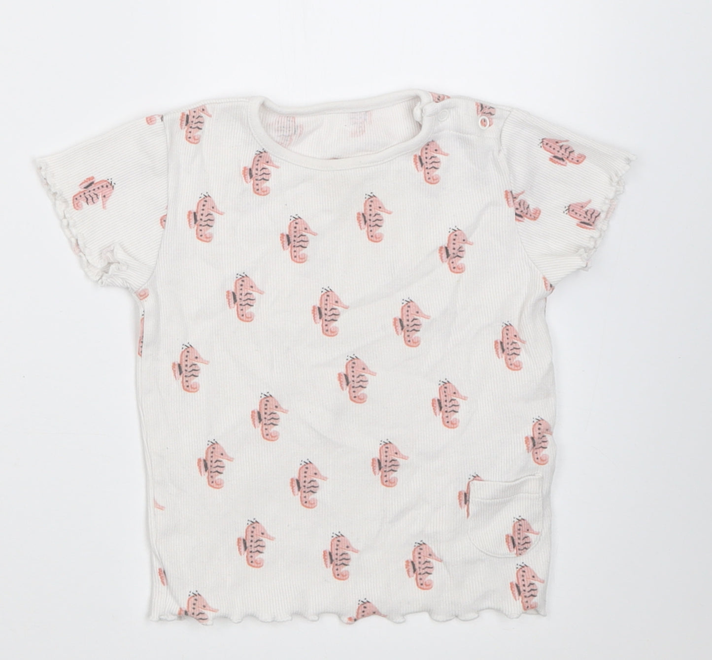 Marks and Spencer Girls White Geometric Cotton Basic T-Shirt Size 12-18 Months Crew Neck Button - Sea Horse