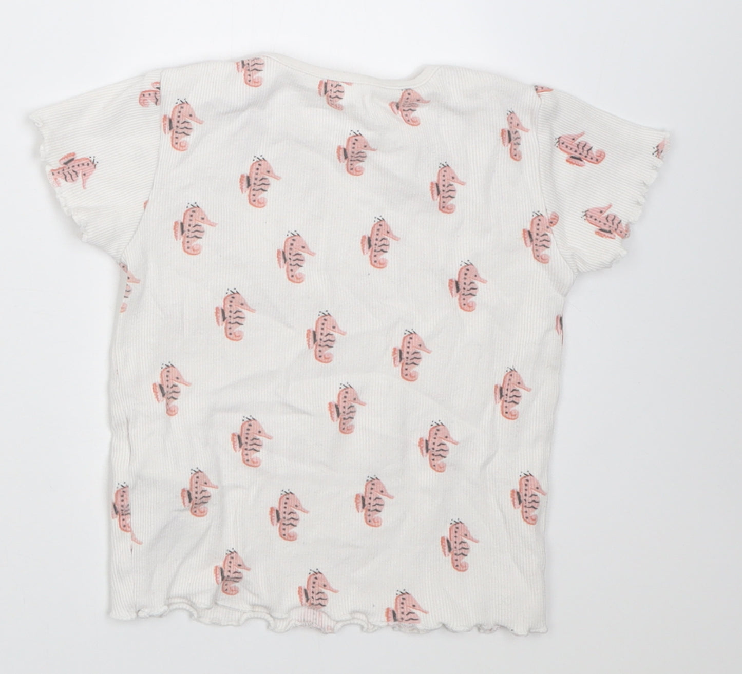 Marks and Spencer Girls White Geometric Cotton Basic T-Shirt Size 12-18 Months Crew Neck Button - Sea Horse