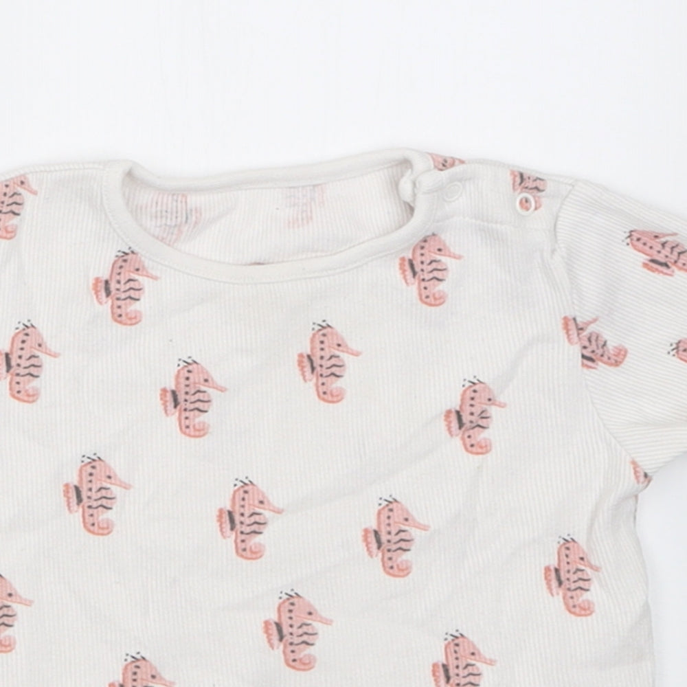 Marks and Spencer Girls White Geometric Cotton Basic T-Shirt Size 12-18 Months Crew Neck Button - Sea Horse