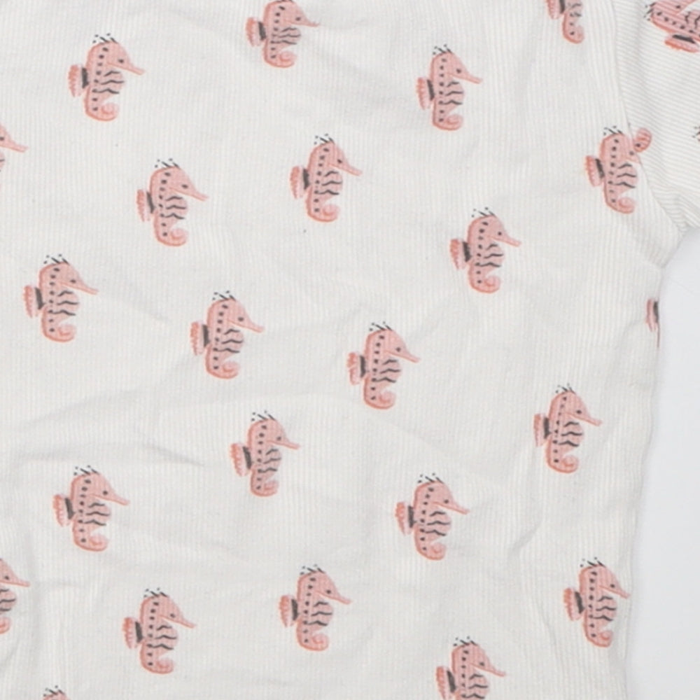 Marks and Spencer Girls White Geometric Cotton Basic T-Shirt Size 12-18 Months Crew Neck Button - Sea Horse