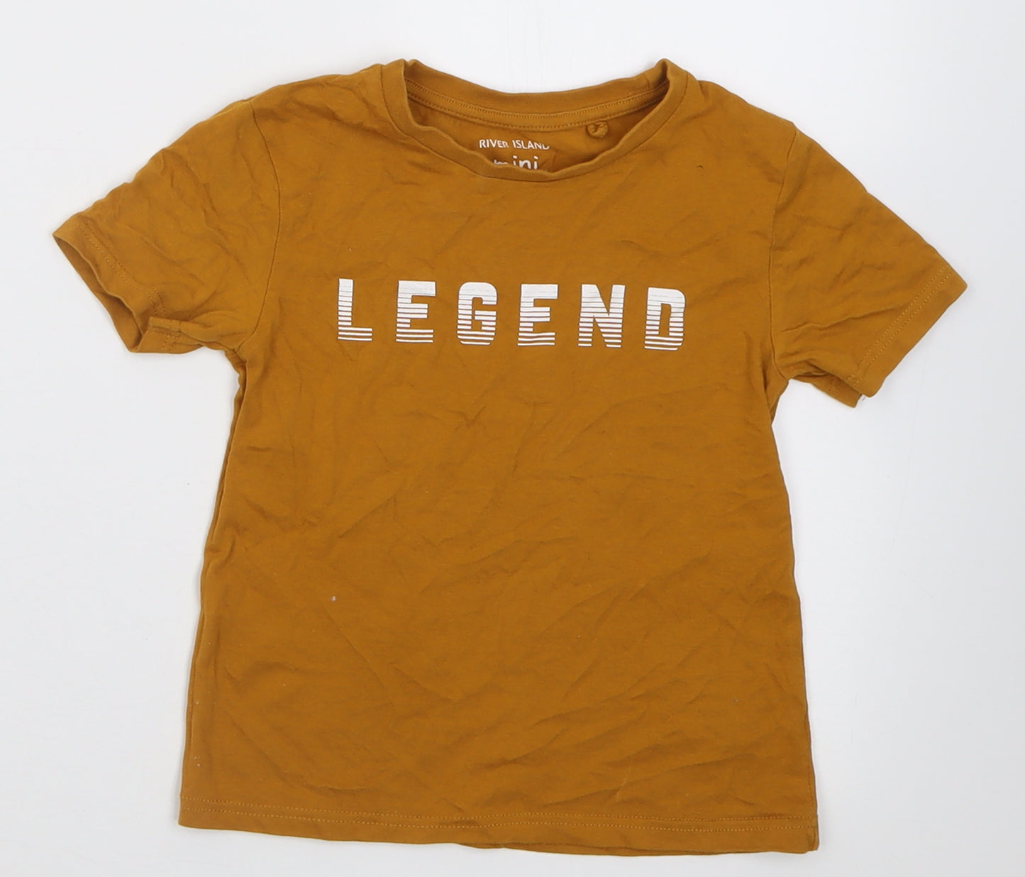 River Island Boys Yellow  Cotton Basic T-Shirt Size 3-4 Years Crew Neck Pullover - Legend