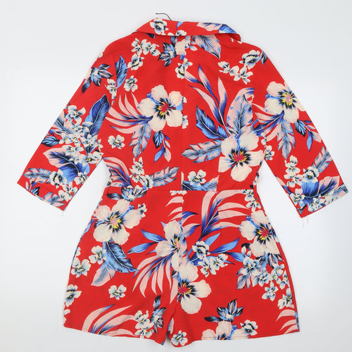 Missguided Womens Red Floral Polyester Playsuit One-Piece Size 12  Zip