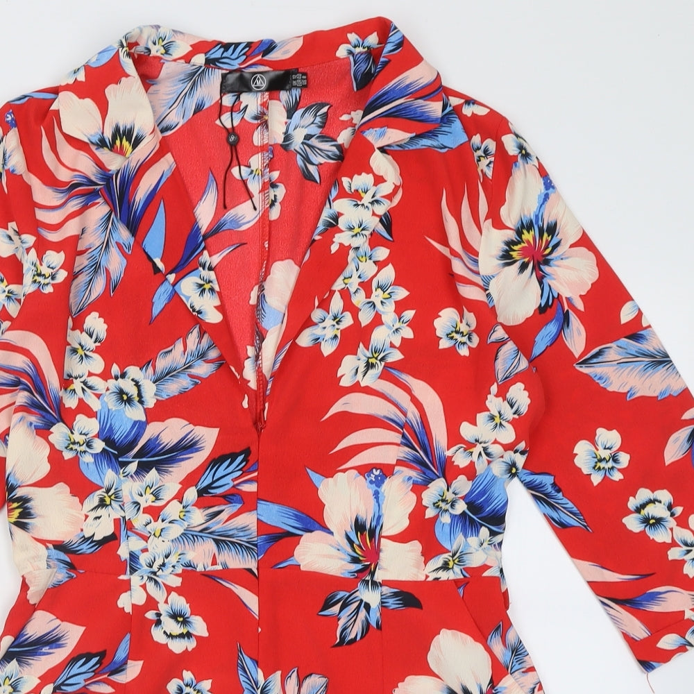 Missguided Womens Red Floral Polyester Playsuit One-Piece Size 12  Zip