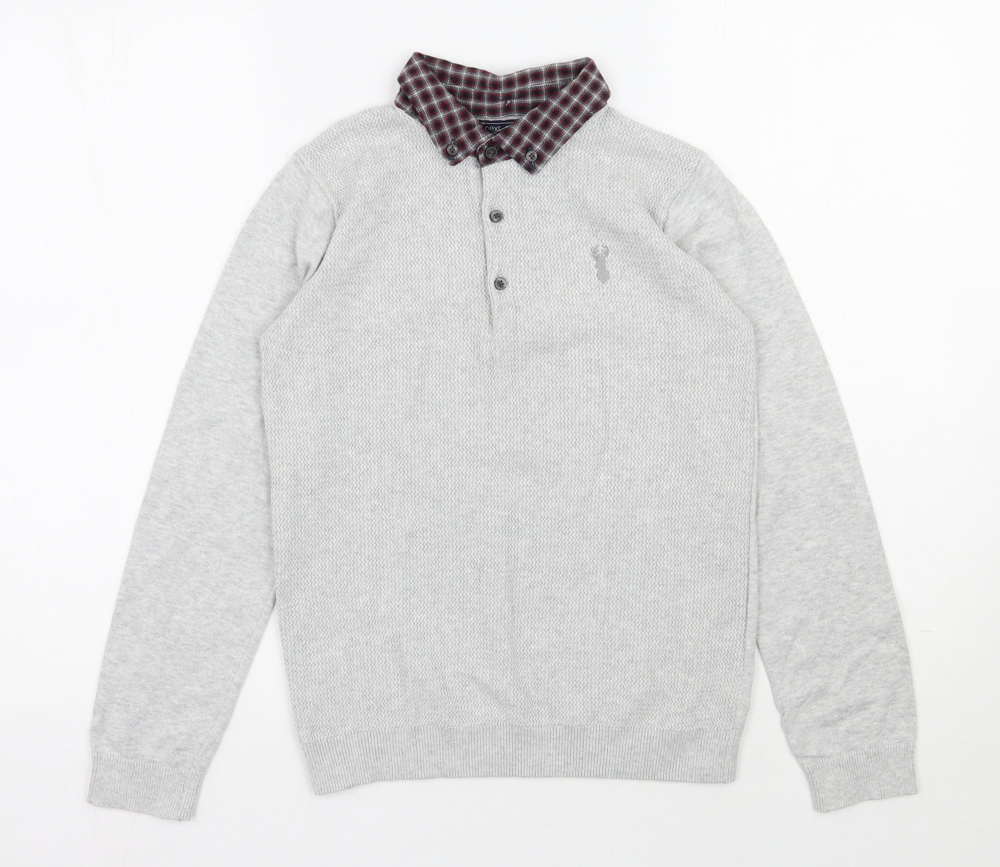 Next  Boys Grey Collared  Cotton Pullover Jumper Size 11 Years  Button