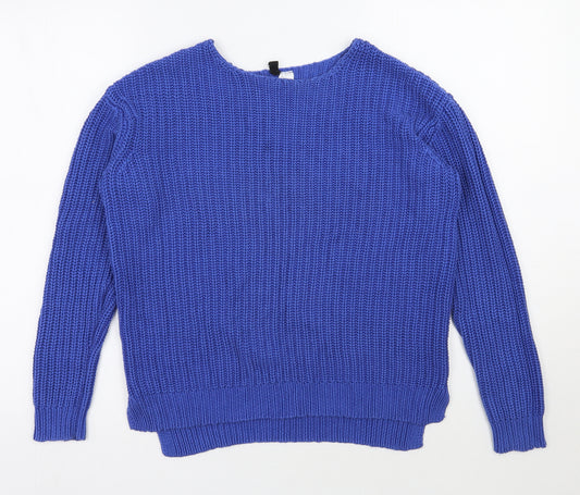 Front view of H&M women’s blue round neck cotton jumper, size UK 6
